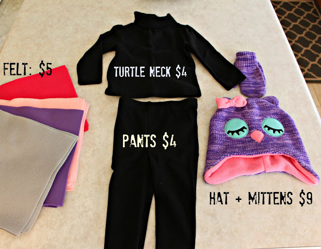 Turtle neck, pants, hat, mittens and felt laid out for the owl costume.