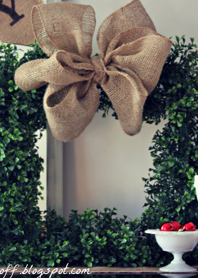 how to make a square boxwood wreath with burlap bow via housebyhoff.com