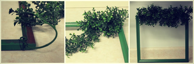 how to make a square boxwood wreath with burlap bow via housebyhoff.com Putting the greenery on the spray painted square frame.