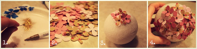 Styrofoam balls, pins and the paper flowers tutorial.