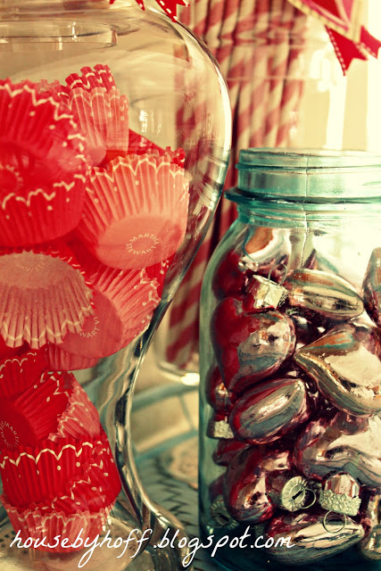 Love heart ornaments in a clear mason jar.