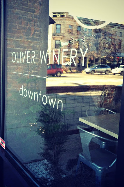 Oliver Winery Downton on the storefront window.