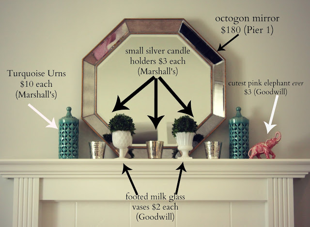 how to improve an outdated fireplace via housebyhoff.com An octogon mirror, small silver candle holders, and turquoise urns.