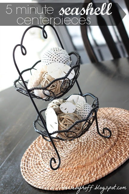 Seashells in a wire basket.