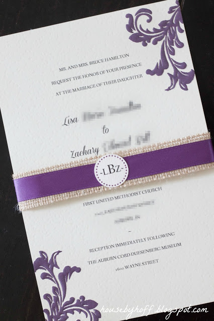 The burlap and purple ribbon around the invitation.