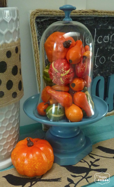 Cloche filled with gourds on table.