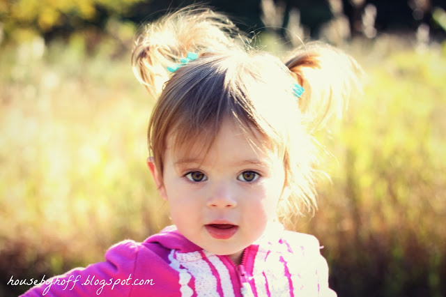 Little girl with pigtails in a pink jacket.