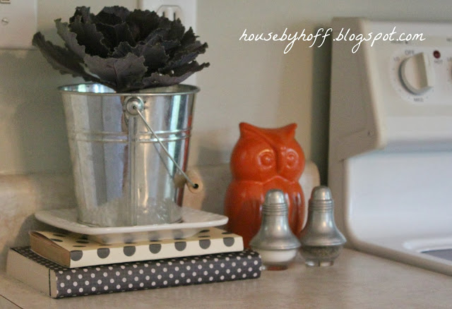 An orange owl and steel bucket with black foliage o the kitchen counter.