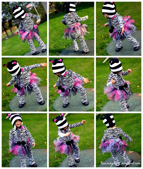 Nine shots of the dancing girl in her zebra costume.