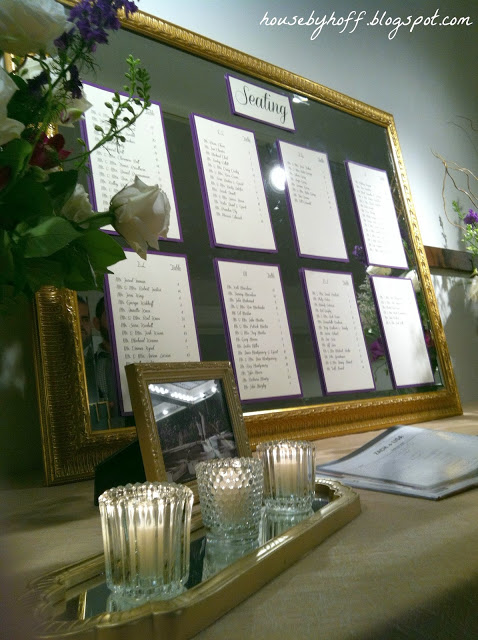 A gold mirror frame used as the seating chart on the table.