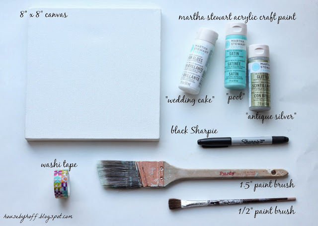 Martha Stewart paint, paint brushes, canvas, sharpie and washi tape on the counter.