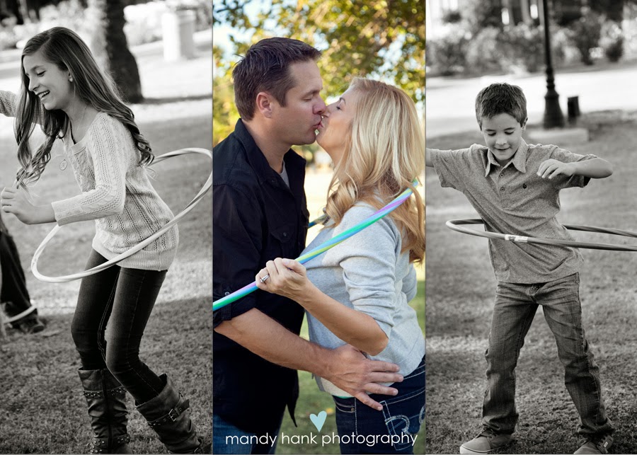 Three pictures of a family hula hooping together.