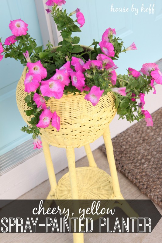 Yellow spray painted planter with purple flowers.