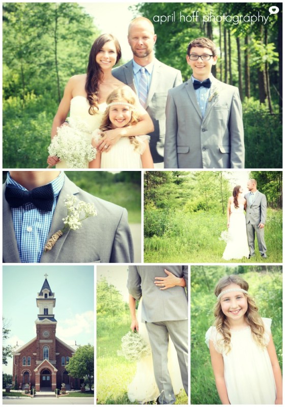 Wedding pictures of bride, groom and the church.