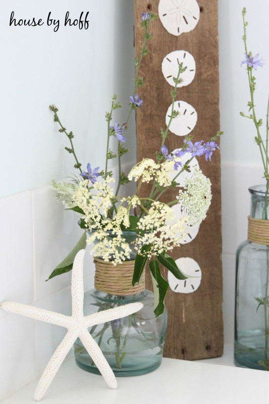 Clear vase with pretty flowers and a seashell.