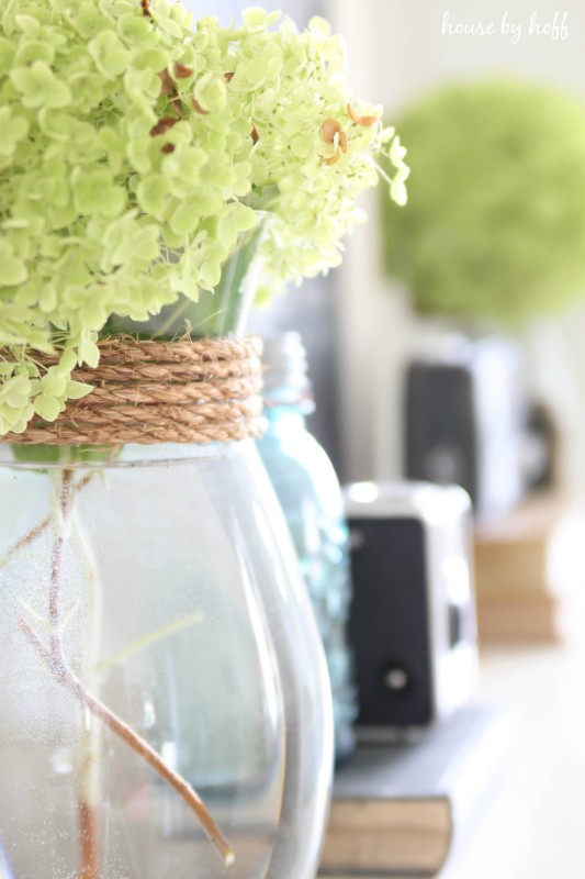 Clear vase with rope around the top and flowers in vase.