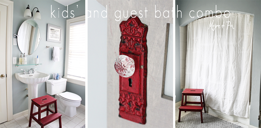 All white bathroom with pops of red color, the stool and the door knob.