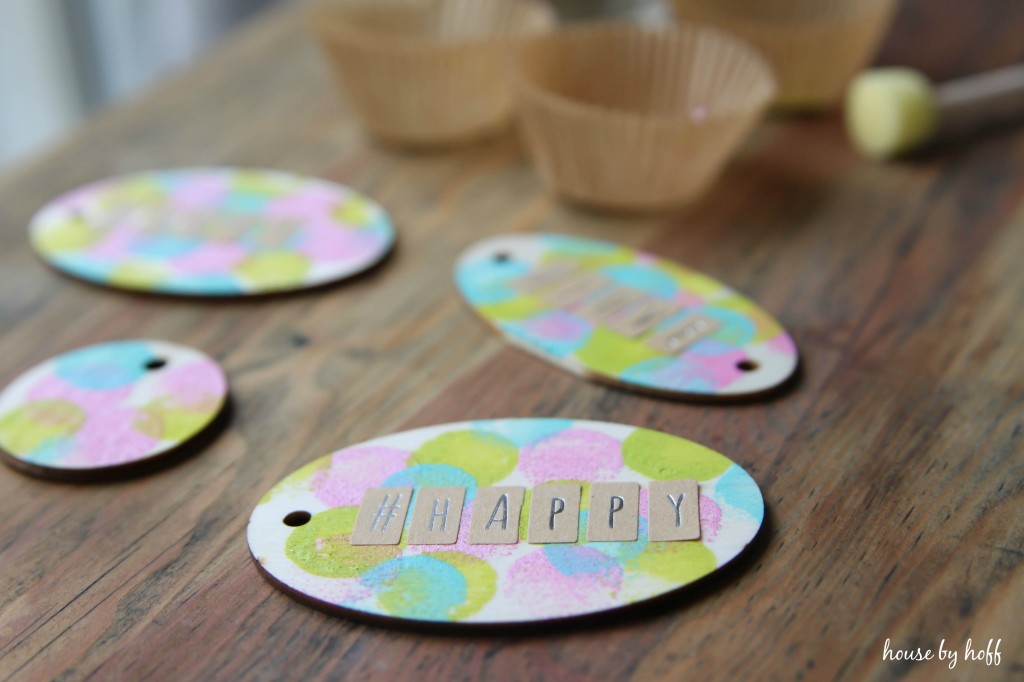 Pink, yellow, and blue gift tags.