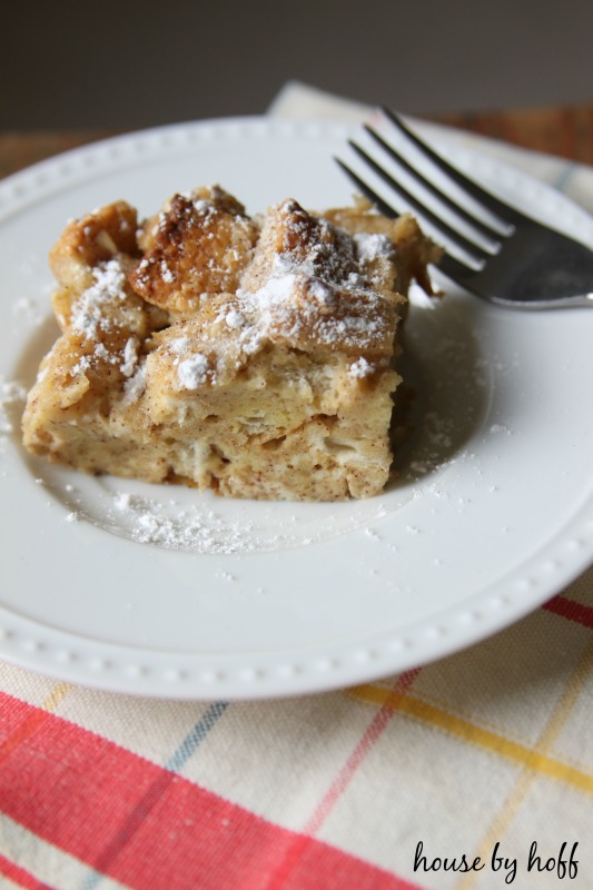 Fork and French toast casserole on a plate.