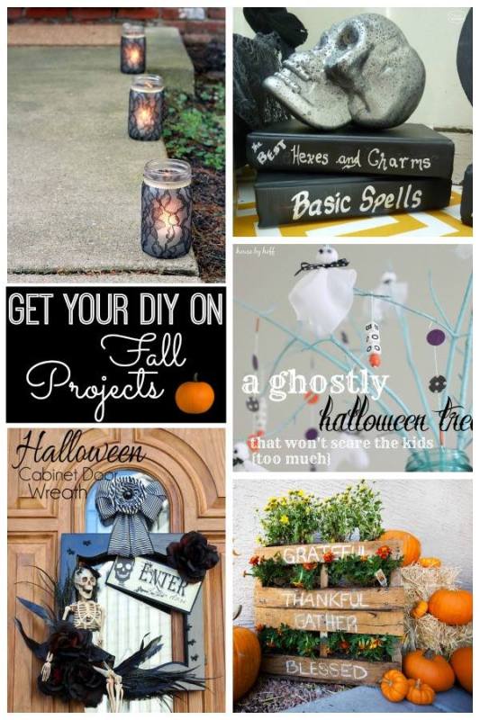 Skulls on a books, Halloween tree, black candles and decorated doorway.