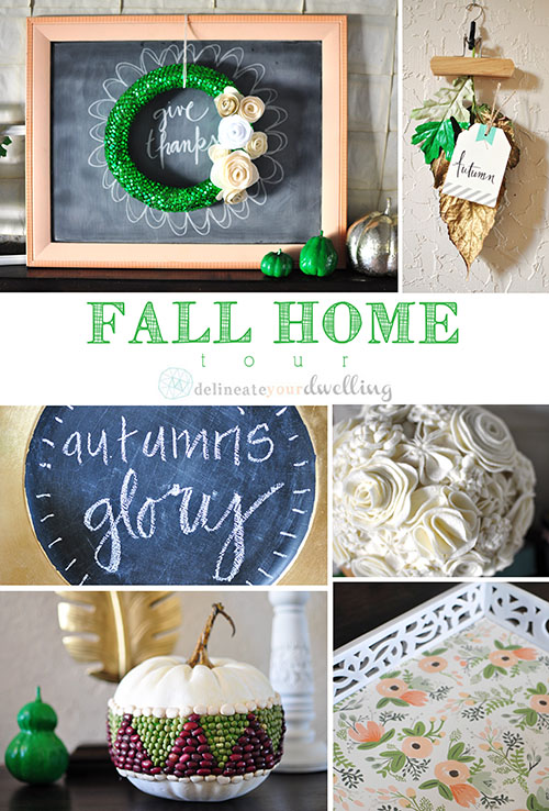 A decorated faux pumpkin, and a chalkboard with a fall wreath. 