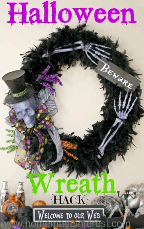 Halloween Wreath with a skull and skeleton hands.