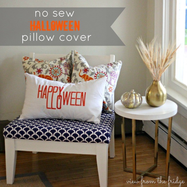 No sew Halloween white pillow cover on chair.