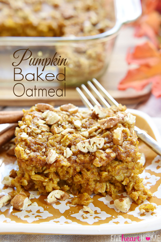 Pumpkin baked oatmeal on a plate with a fork.