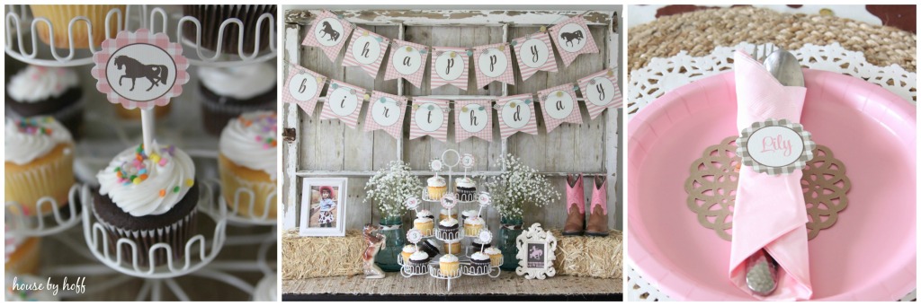 Cupcakes, banner and pink plates.