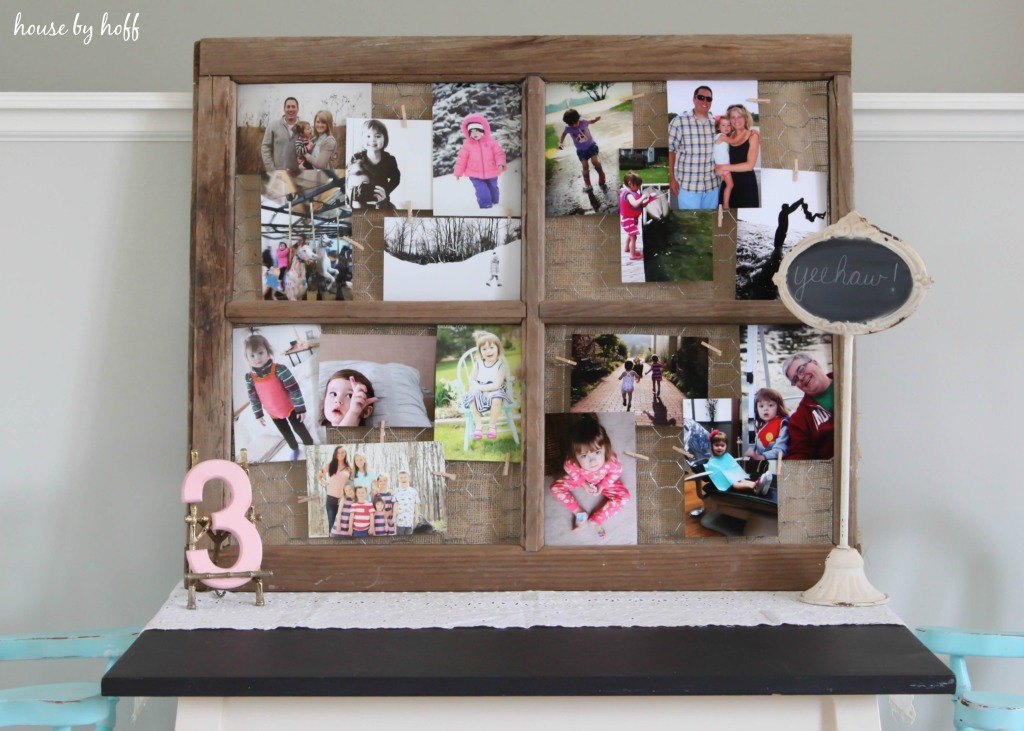 Family collage in wooden frame.