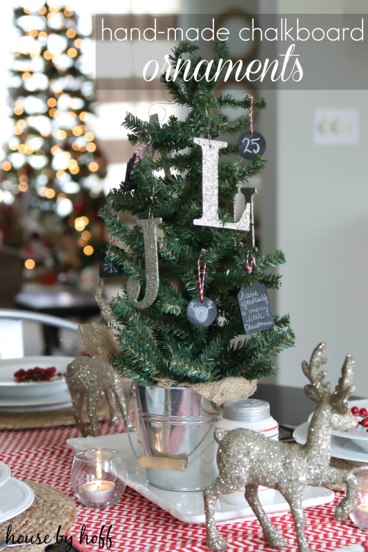 DIY Chalkboard Ornaments on a mini Christmas tree on the table.