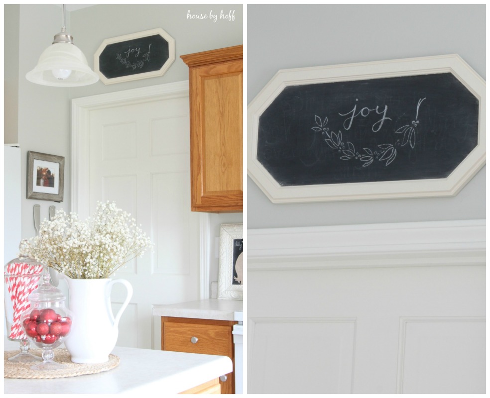 Holiday Chalkboard with joy written on it in kitchen.