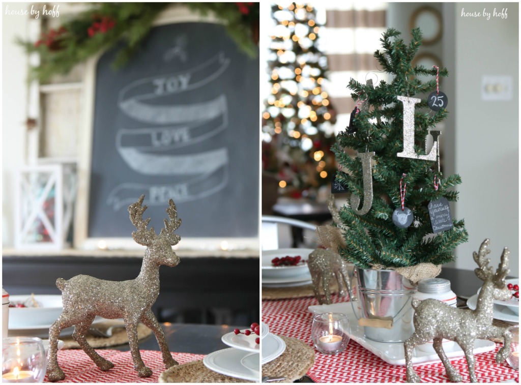 Up close picture of the dining room table decorated for Christmas.