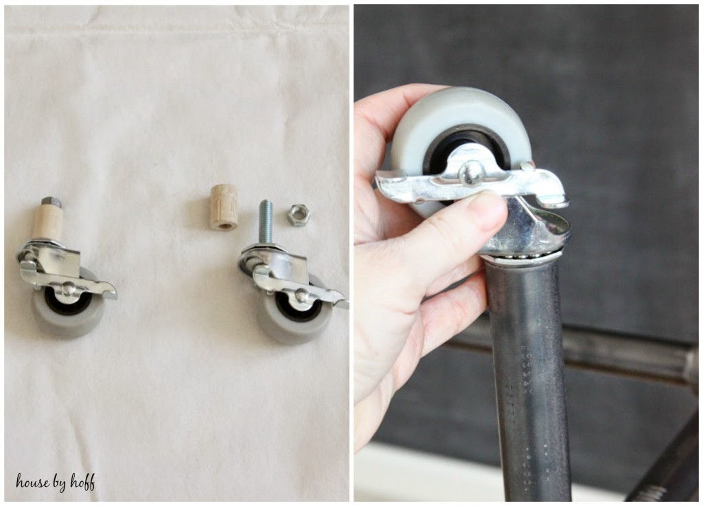 Attaching the rolling casters to the legs of the table.