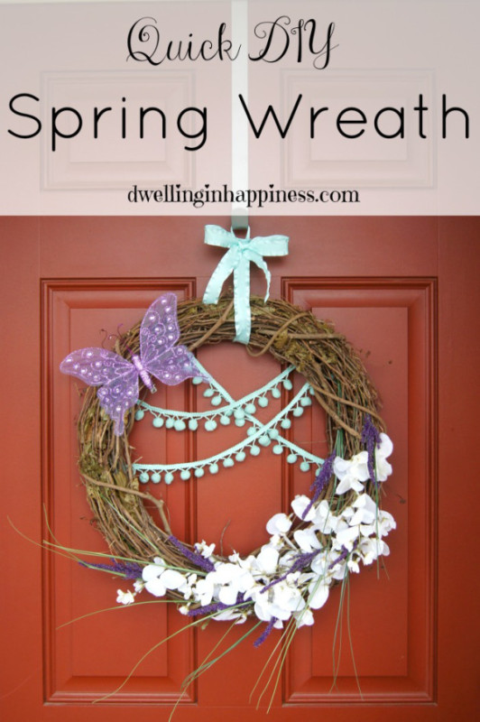 Quick DIY Spring Wreath with a small butterfly that is purple.