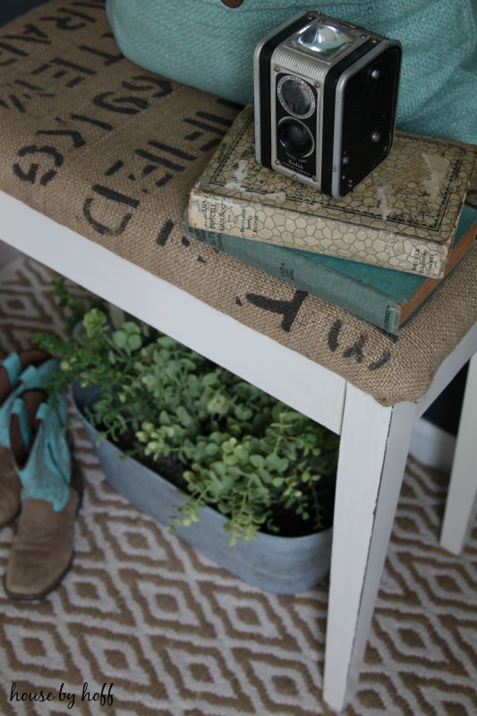 The burlap sack on the piano bench.