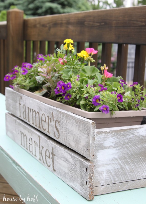 The planter box with purple and yellow flowers in it.