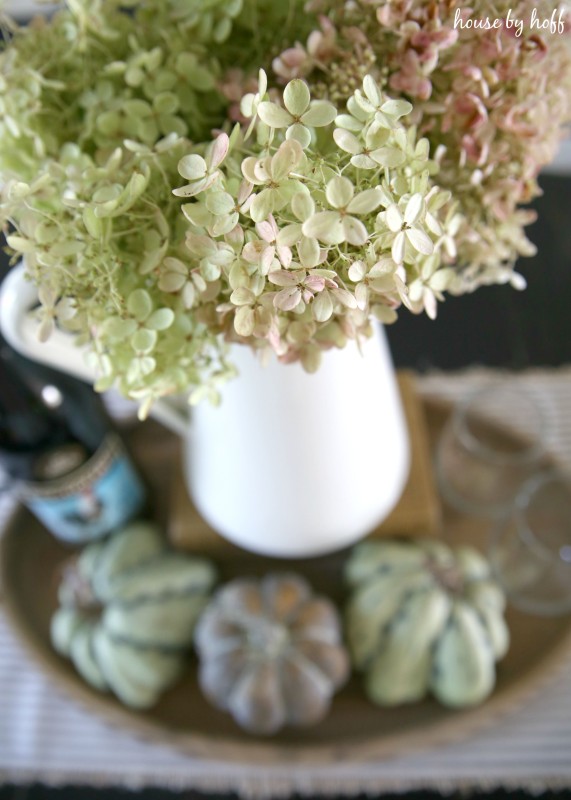 Up close picture of the white vase and hydrangeas.