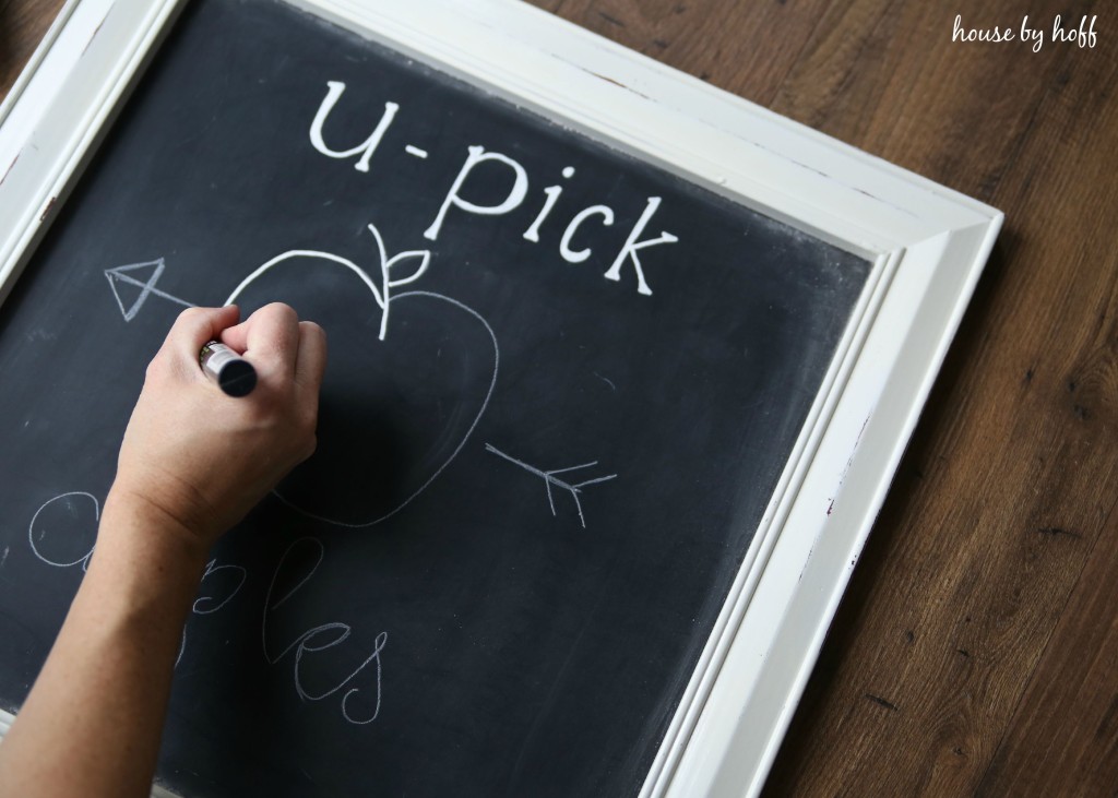 Hand with pen writing on the chalkboard.