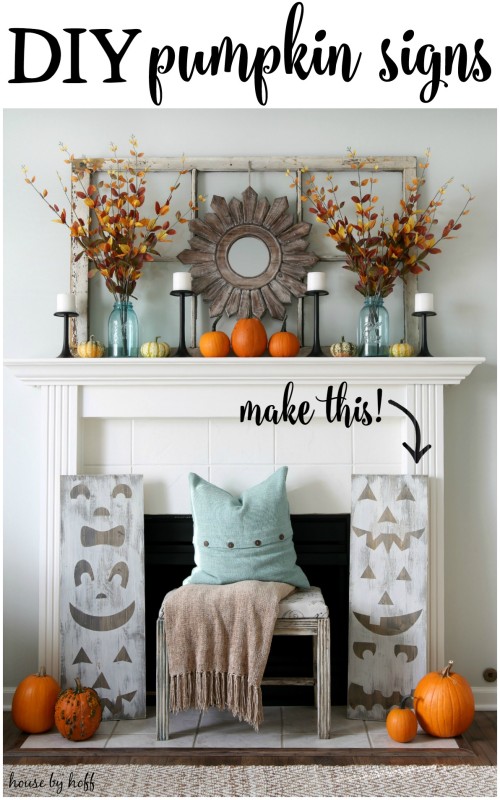 Fireplace mantel surrounded by pumpkins and the DIY jack'o'latern signs.