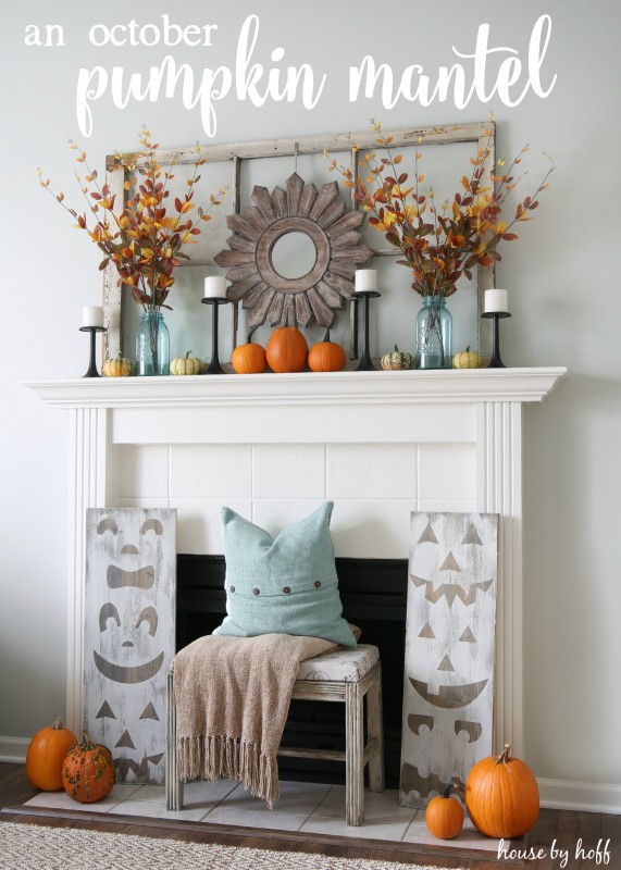 Pumpkins on the white mantel and beside it with fall leaves in vases.