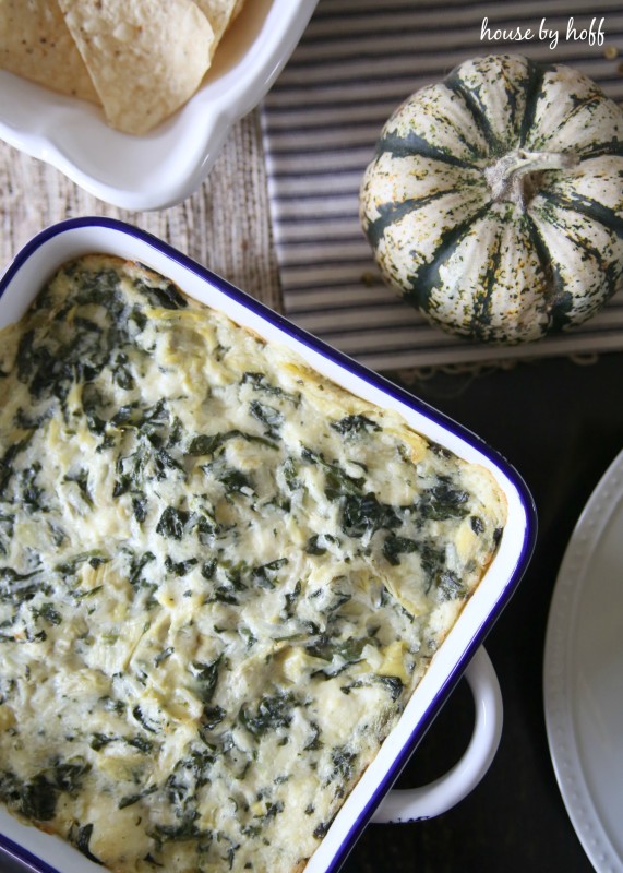 The baked spinach dip on the counter.