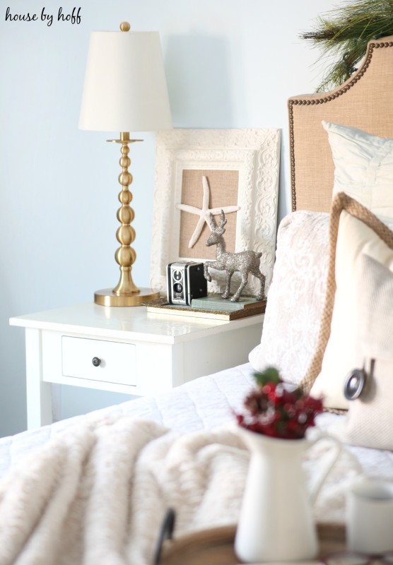 Sparkly silver deer on the nightstand.