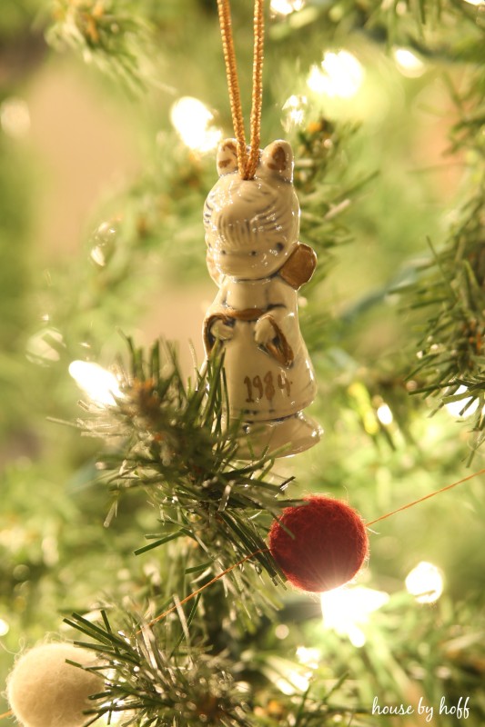 A Christmas ornament angel with 1984 on it.