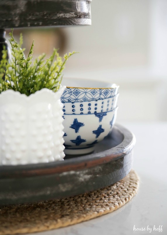 Blue and white patterned bowls on the tray.