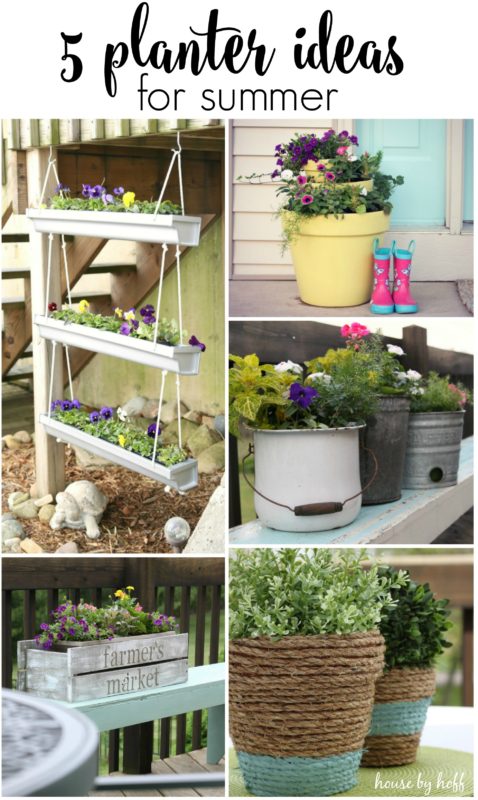 A collage of all 5 planters with flowers in them.