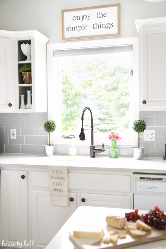 Flowers and plants beside the faucet in kitchen.