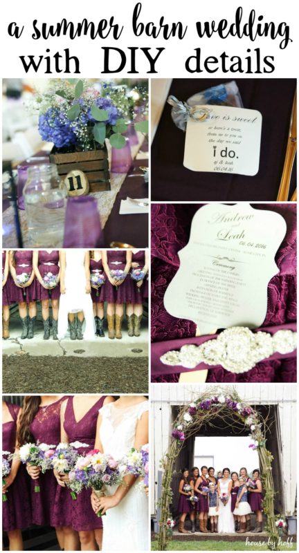 Collage of bridesmaids in purple dresses and purple decor.