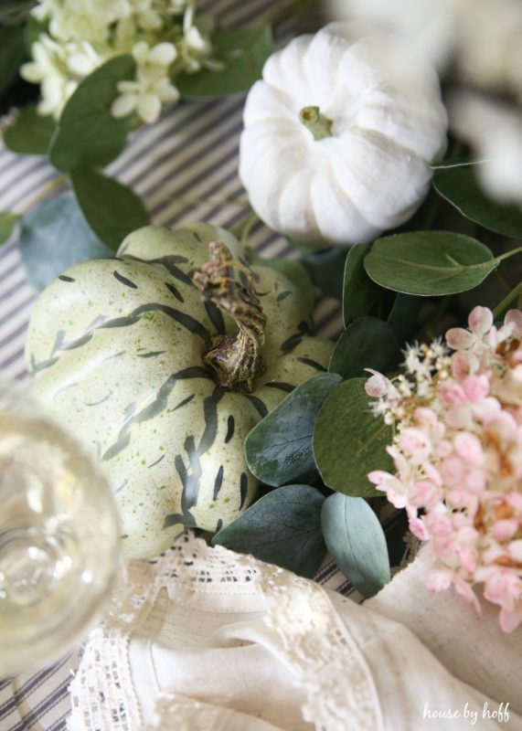 Small white and green pumpkins on table.