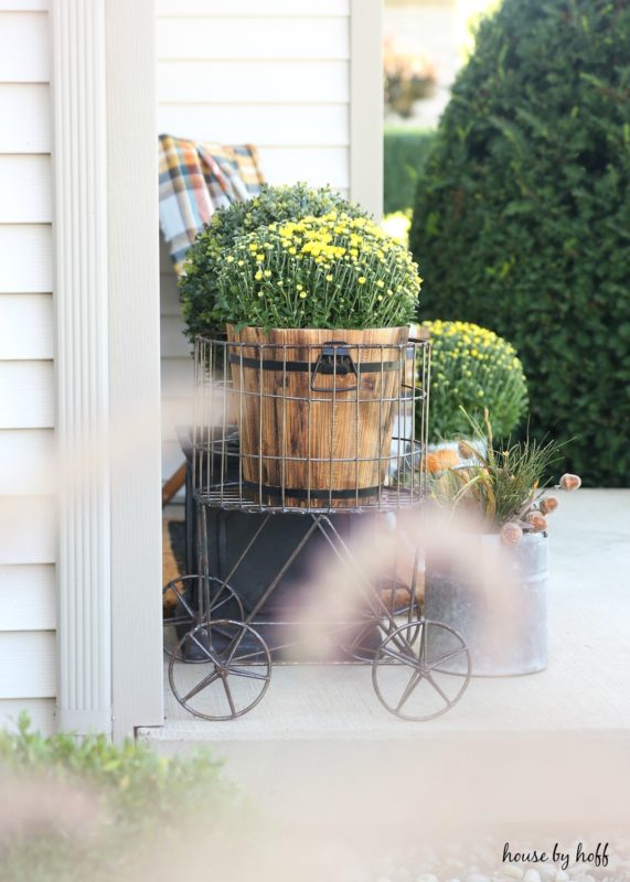 Yellow flowers in a wooden container on porch.